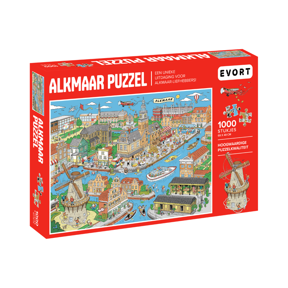 Alkmaar legpuzzel cartoon puzzel voorkant afbeelding van de rode puzzeldoos